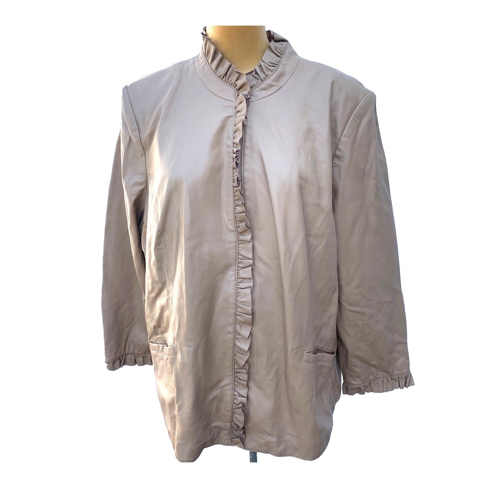 Bradley Bayou Women 3X Tan Leather Ruffle Trim Zip Front Jacket Coat NWOT